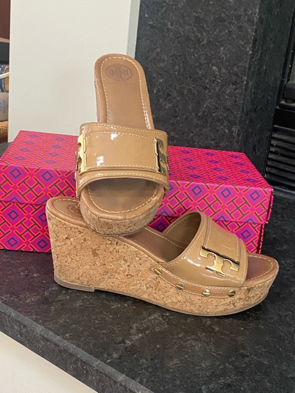 Tory Burch Beige Patent Leather Cork Wedge Slides